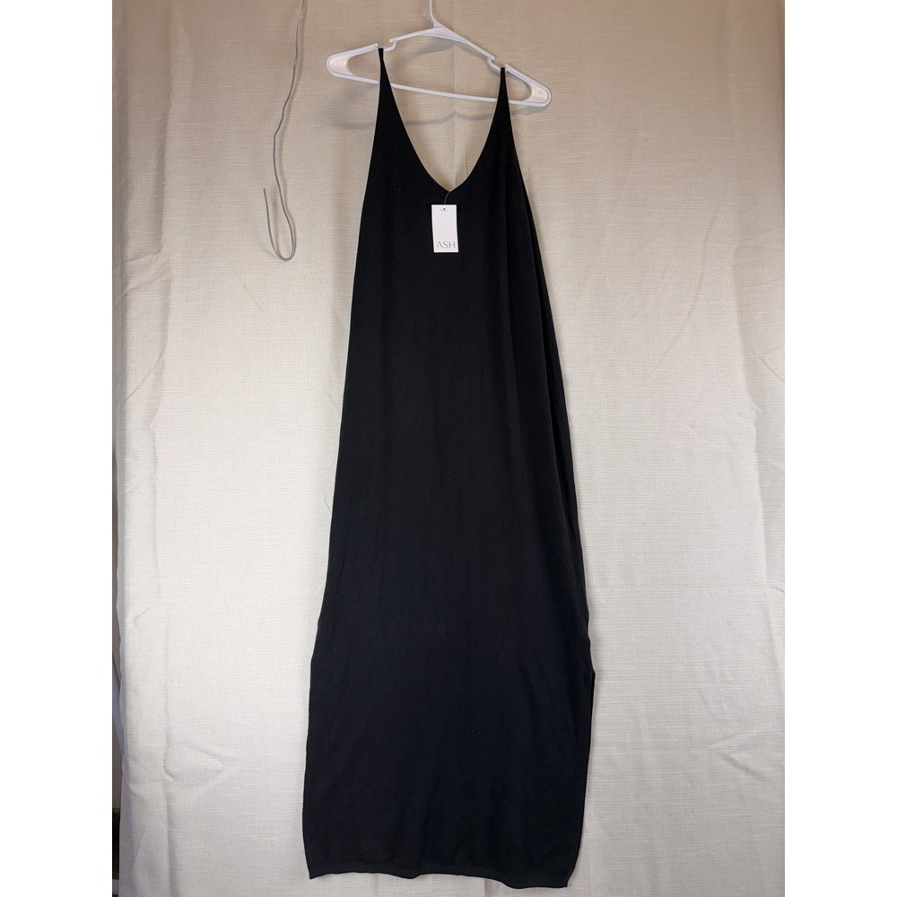 Karlie Dress Womens Large Black Knit Slip V Neck Spaghetti Strap Midi 94264